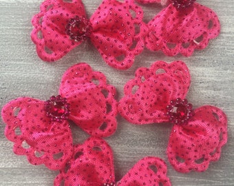 Hot Pink Embellished Bow Applique - 5pc, craft appliques, sewing appliqués, Scrapbooking, craft supplies, wreath making embellishments, bows