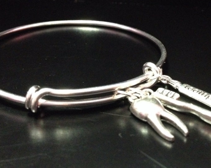 Dental Hygienist Charm Bangle;  dental jewelry, gifts under 20, tooth charm jewelry, toothbrush charm, large wrist bangles, Dental bracelet