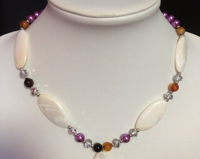 18" White MOP Shell Purple Glass Pearl Beads Necklace Earring Set