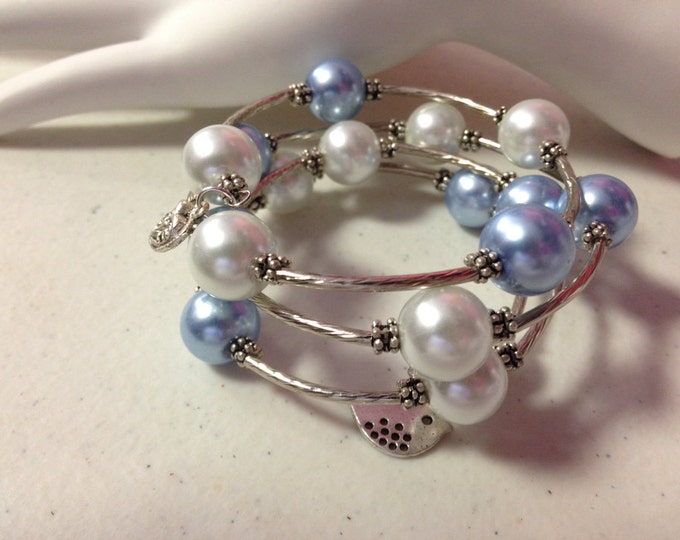 White & Blue Faux Pearl Beads Sparrow and Heart Charm Wrap Bracelet, Memory Wire Bracelet