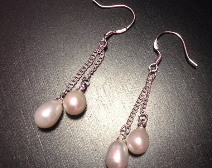 White Cultured Freshwater Pearl Dangle Earrings on Sterling Silver Hooks; Bridesmaid gifts, Bridal earrings, Pearl earrings, Dangle earrings