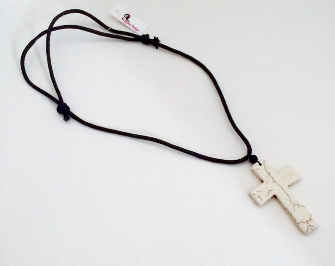 Mens Necklace, Magnesite Cross Pendant, Cross Jewelry, Southwestern Necklace, Cord Necklace, Adjustable Necklace