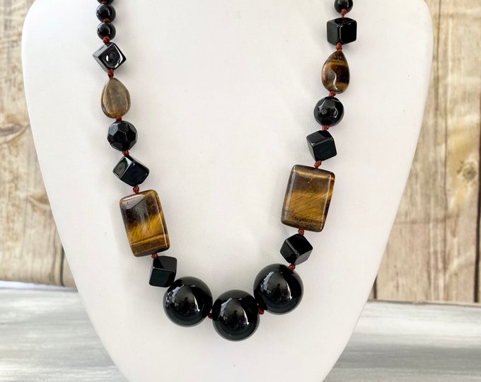 Black Onyx and Tiger Eye Gemstone Necklace, Black Stone Beaded Necklace, Bold Necklace, Big Bead Necklace, Black Stone Jewelry, 20"L