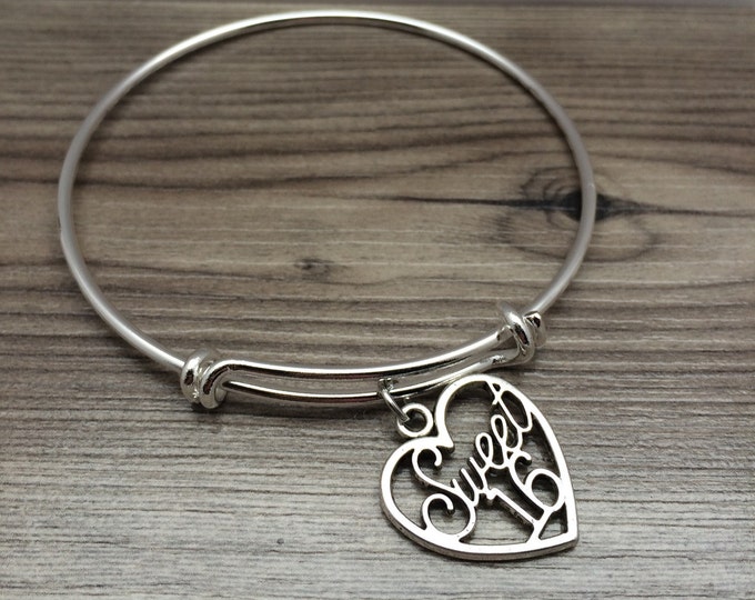 Sweet 16, Sweet 16 Gift, Sweet 16 Heart Charm Bangle, 16 Birthday gifts, Sweet 16 jewelry, Sweet 16 Bracelet, Bangle Bracelet