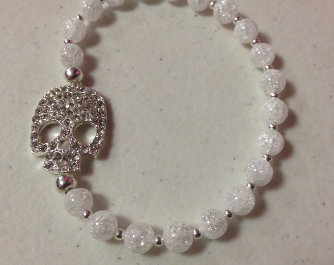 6 1/2" Crackle Glass Bead Crystal Skull Stretch Bracelet, Skull Jewelry, Goth Style Bracelet