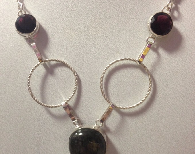 Labradorite & Faceted Deep Purple Glass Gemstone Link Necklace