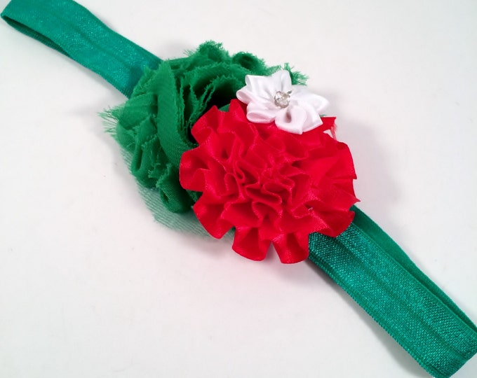 Red & Green Tattered Rose headband, Stretch Headband, photo prop headband, Christmas headband, Christmas stretch headband