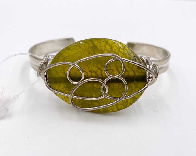 Green Dragon Vein Agate Wire Wrapped Cuff Bracelet, Gemstone Wire Wrapped Jewelry, Agate Bracelet, Statement Jewelry