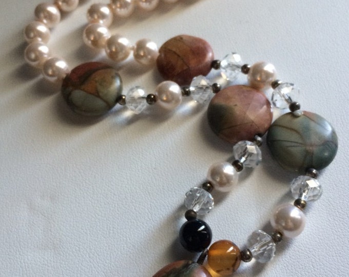 Jasper & Agate Gemstone Pink Glass Pearl Crystal Beads Necklace Earring Set