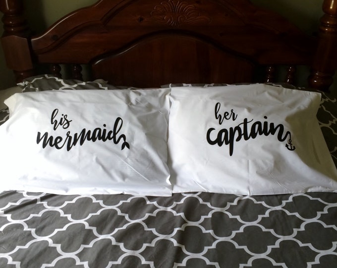 Her Captain His Mermaid Pillowcases, His and Hers Pillowcases, Anniversary Wedding gifts, Bedroom Decor, Couples Gifts, Couples Pillowcases