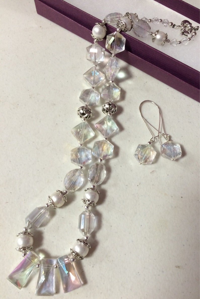 Jewelry set Faceted AB Crystal Faux Pearl Bridal Necklace /& Earring Set Prom Necklace Crystal Necklace Bridal Jewelry Prom Jewelry