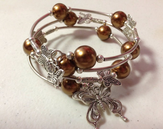 Golden Brown Faux Pearl Beads Butterfly Charm Wrap Bracelet;  Bridesmaid gifts, Gifts for her, Charm bracelet, boho jewelry