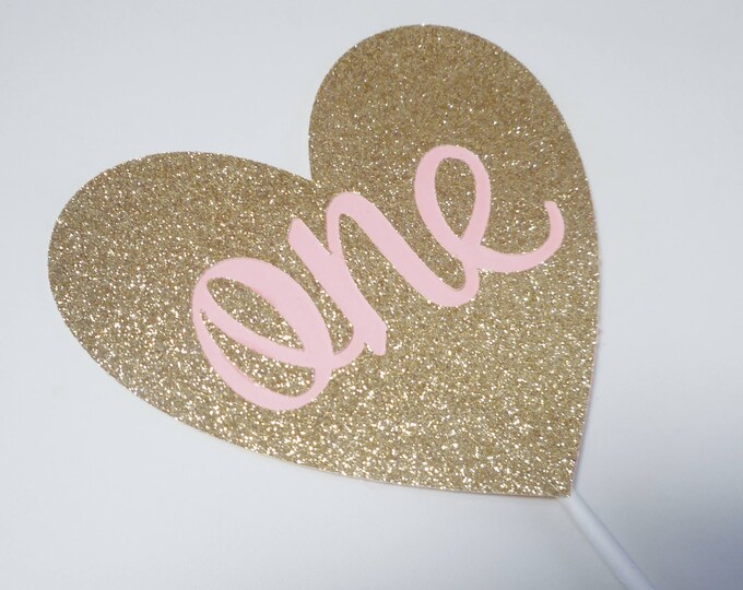 Pink and Gold Cake Topper, One Birthday Cake Topper, Glitter Heart Cake Topper, Party Decoration, First Birthday, Heart Centerpiece Stick