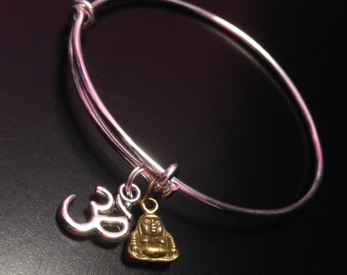 OHM & Buddha Charm Bangle: Reiki Om charm, aum, yoga bracelet, om, gifts, sale, om jewelry, buddha jewelry, namaste
