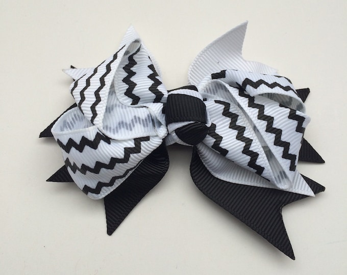 Black Chevron Print Ribbon Bow Hair Clip, Bow Clip, Hair Bow, Chevron Hair clips