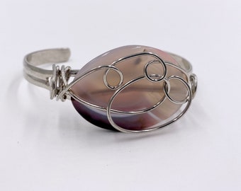 Agate Wire Wrapped Cuff Bracelet, Gemstone Wire Wrapped Jewelry, Pink Agate Bracelet, Statement Jewelry