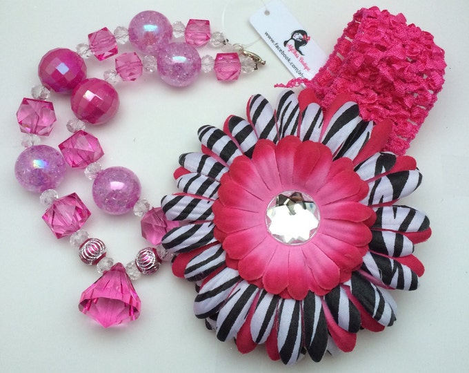 Girls Hot Pink Bubblegum Beaded Necklace, Stretch Headband, Flower Clip Gift Set, bubblegum jewelry, Birthday necklace, First Birthday