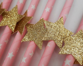 Gold and Pink, Gold Glitter Star Party Straw, Star Straws, Bridal Shower, Baby Shower, Party Straws, Cake Pop Sticks, Twinkle Little Star