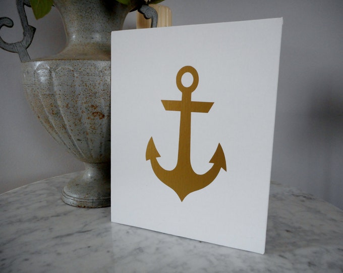 Gold Anchor Print on White Canvas Panel, Nautical Decor, Living Room Wall Art Decor, Tabletop decor, Beach House Wall Art, Anchor Print