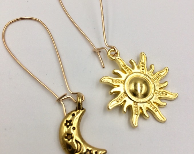 Sun and Moon Charm Dangle Earrings; sun jewelry, sun and moon jewelry, boho earrings, mismatch earrings, gifts for friendship, gold tone