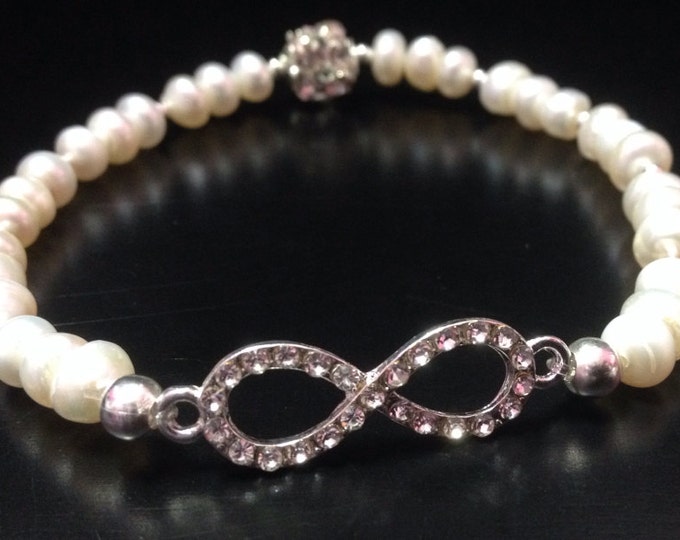 Crystal Infinity Charm Cultured Freshwater Pearl Bracelet, Dainty Pearl Bracelet, Pearl Stretch Bracelet, Bridesmaid Gifts