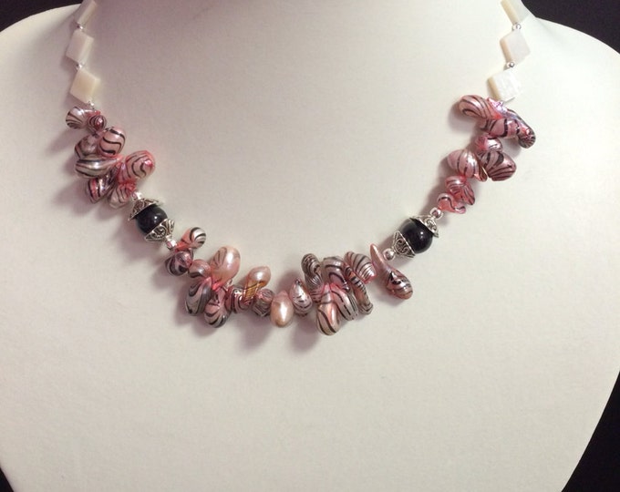 Pink Zebra Striped CFW Pearl, White MOP Shell Necklace