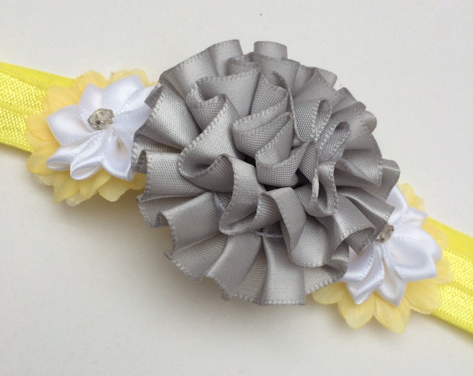 Yellow & silver Peony Stretch Headband, photo prop headband, flower headband, baby shower gift, newborn headband, toddler headband