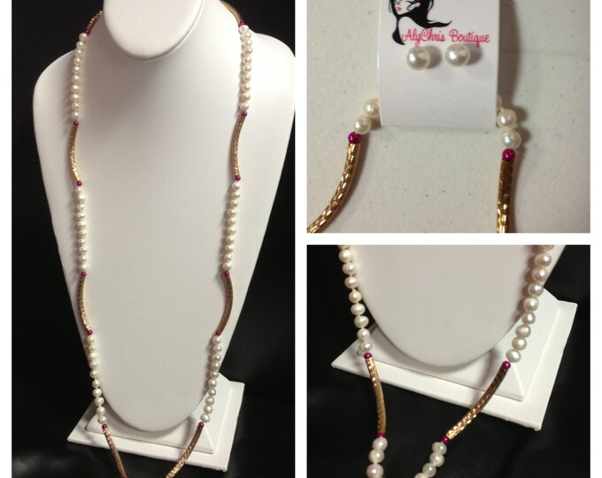 Cultured FWP White ,Hot Pink Necklace & Earring Set, Long pearl necklace, pearl beaded necklace