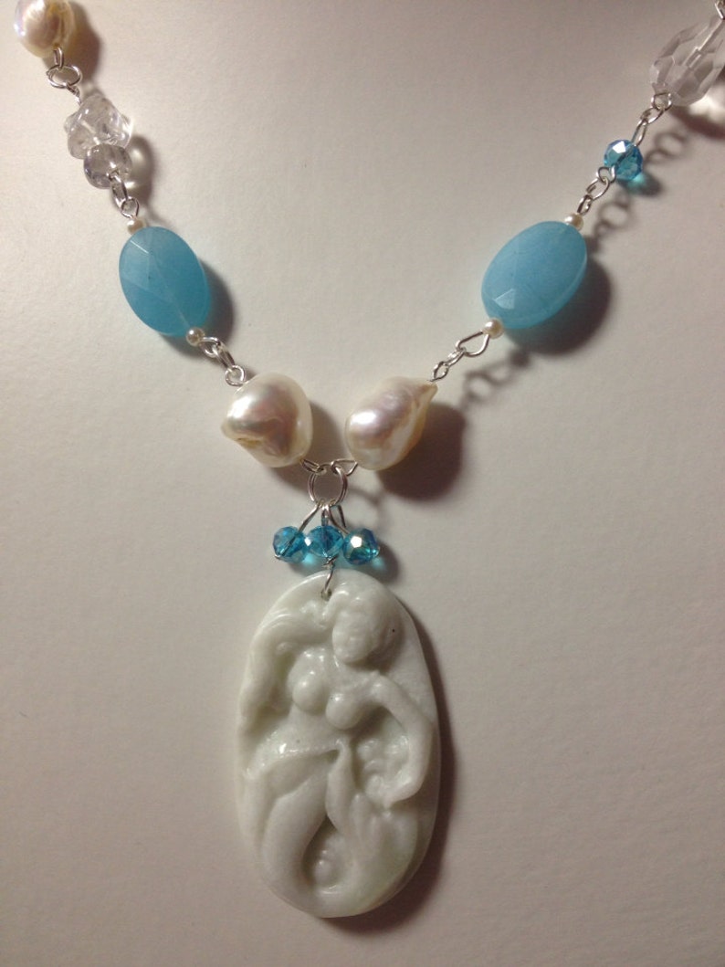 Mermaid Necklace, Mermaid Jade Pendant, Faceted Blue Jade Gemstone CFWP & Crystal Beads Necklace Earring Set mermaid jewelry, beach jewelry image 4