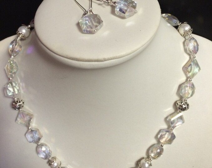 Faceted AB Crystal Faux Pearl Bridal Necklace & Earring Set, Prom Necklace, Prom Jewelry, Bridal Jewelry, Crystal Necklace, Jewelry set