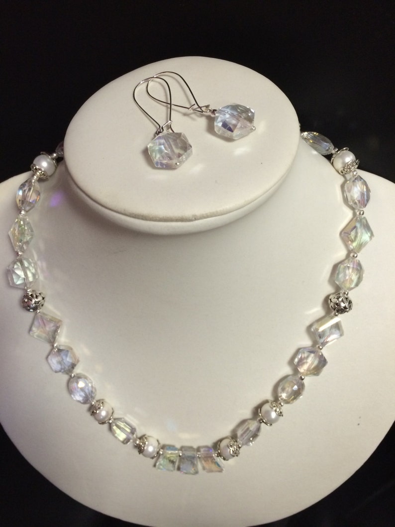 Jewelry set Faceted AB Crystal Faux Pearl Bridal Necklace /& Earring Set Prom Necklace Crystal Necklace Bridal Jewelry Prom Jewelry