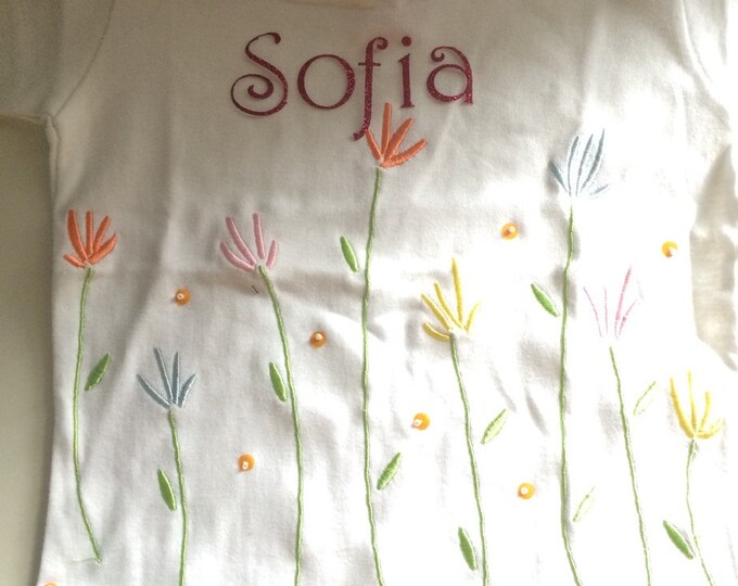White Short sleeve embroidered floral design, 24mth, Name shirt, Toddler Tshirt, Personalized Tshirt, Birthday Tshirt