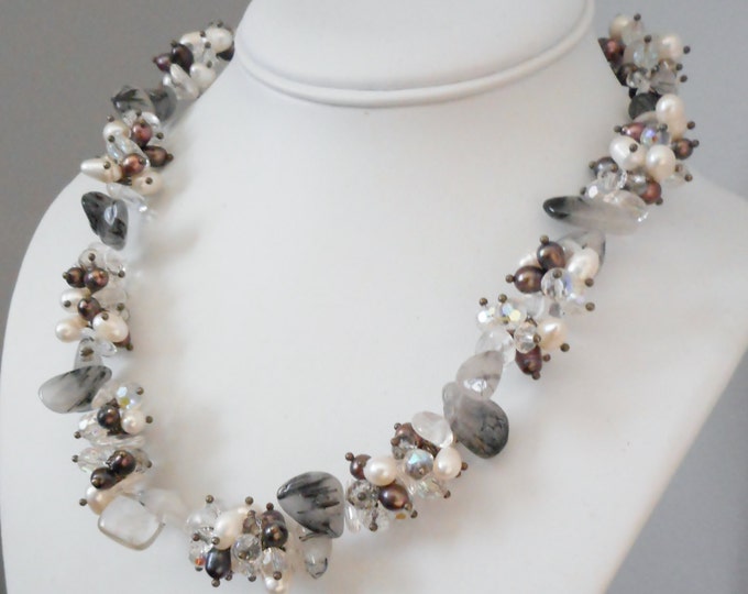 Tourmalated Quartz, Crystal beads & CFW Pearl Necklace - Bridal jewelry, Gemstone necklace, Crystal necklace, Stone Necklace, Quartz Jewelry