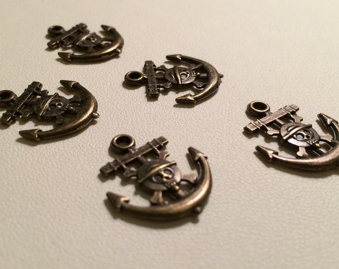 Skull & Anchor Bronze-tone Charms - 5 pieces, Destash, Loose, diy, supplies, charms, findings