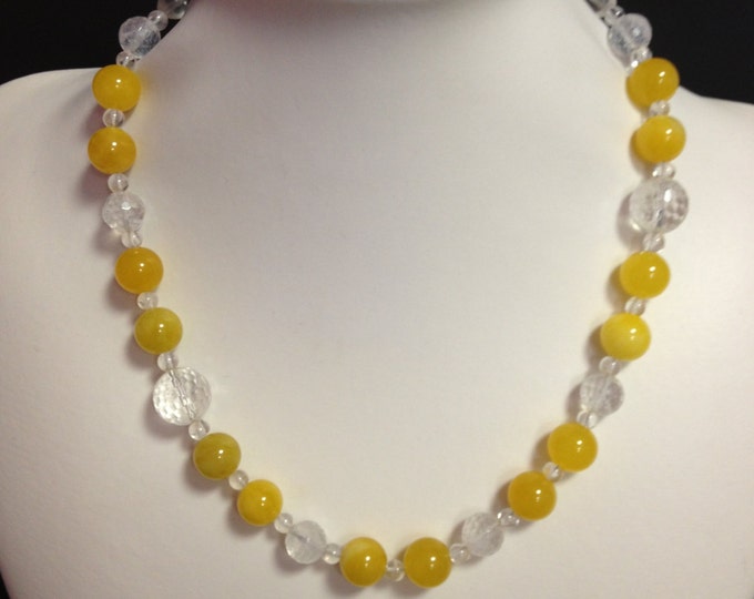 18" Yellow Jade Gemstone & Faceted Crystal Beads Necklace, Yellow Jewelry