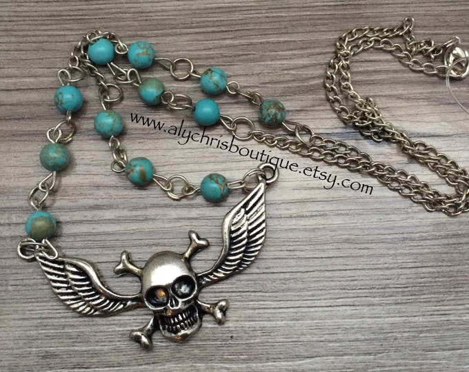 Skull with Wing Pendant Necklace, Turquenite necklace, Skull Jewelry, Skull Necklace