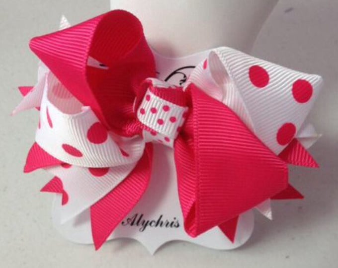 Hot Pink & White Polka Dot Ribbon Bow Hair Clip, Bow Clip, Girls Hair Clip, Hair Accessories, Bow Headpiece, Birthday Hair Bow Clip