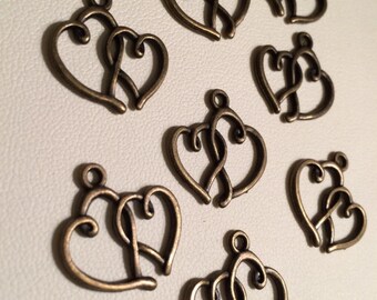 Dainty Double Heart Bronzetone Charms - 8 pieces, Destash, Loose, diy, supplies, charms, findings