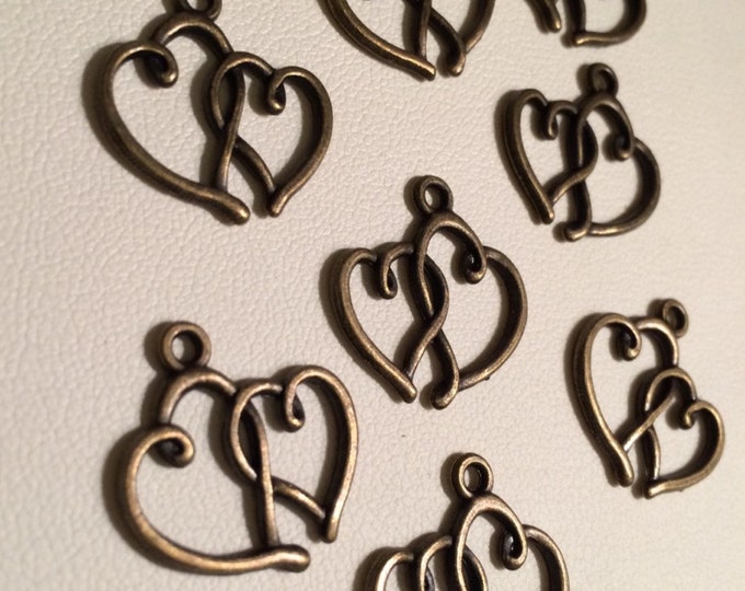 Dainty Double Heart Bronzetone Charms - 8 pieces, Destash, Loose, diy, supplies, charms, findings