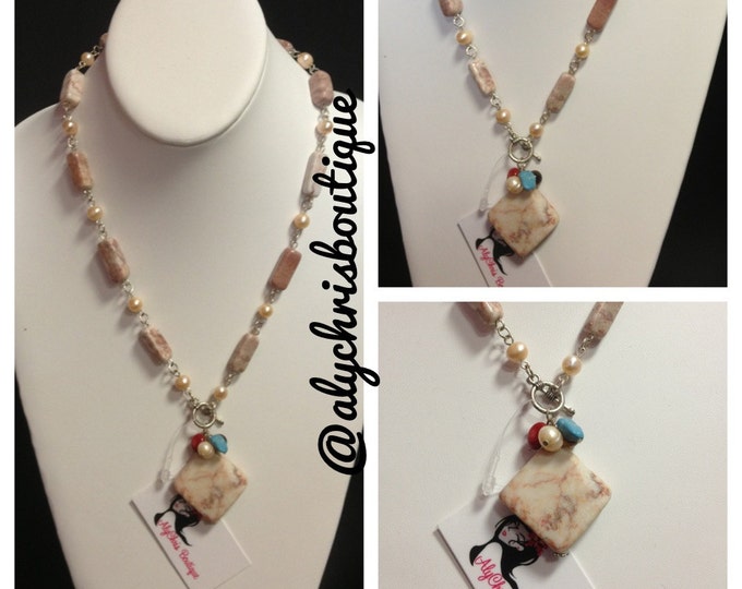 C.Freshwater Pearl & Jasper Necklace, Beaded necklace, Boho Jewelry, Jasper Pendant Necklace, Earthy Jewelry, Stone Necklace, Reiki,