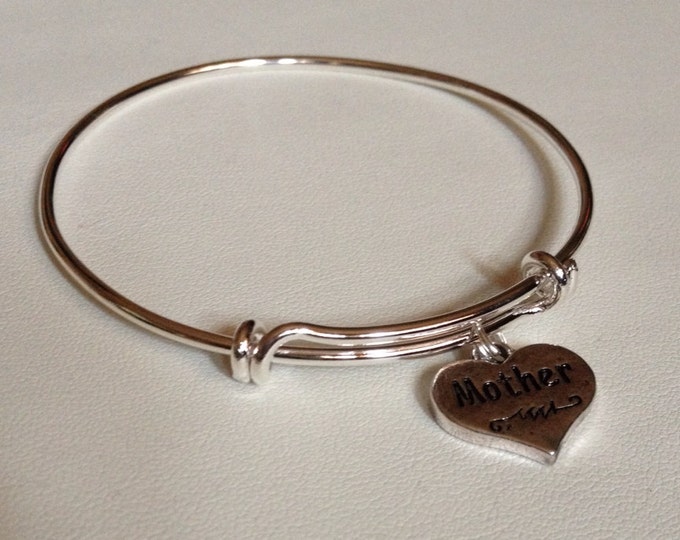 Mother Heart Charm Bangle, mothers day gifts, mom jewelry, mom bracelet, Stamped bracelet