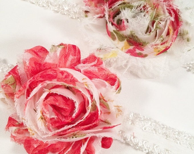 Floral Print Tattered Rose headband set, Flower Stretch Headband, photo prop headband, toddler headband, baby shower gift, Flower Headpiece