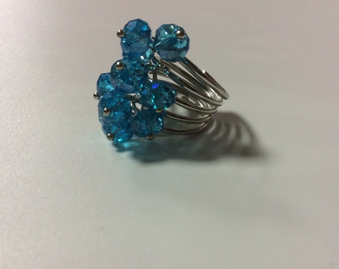 Turquoise Faceted Crystal Beaded Dangle Ring, Statement Ring, Crystal Ring, Beaded Ring, Turquoise Blue Crystal Ring, Prom Jewelry