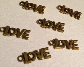 Love Charm Antique Goldtone - 6 pieces, Destash, Loose, diy, supplies, charms, findings