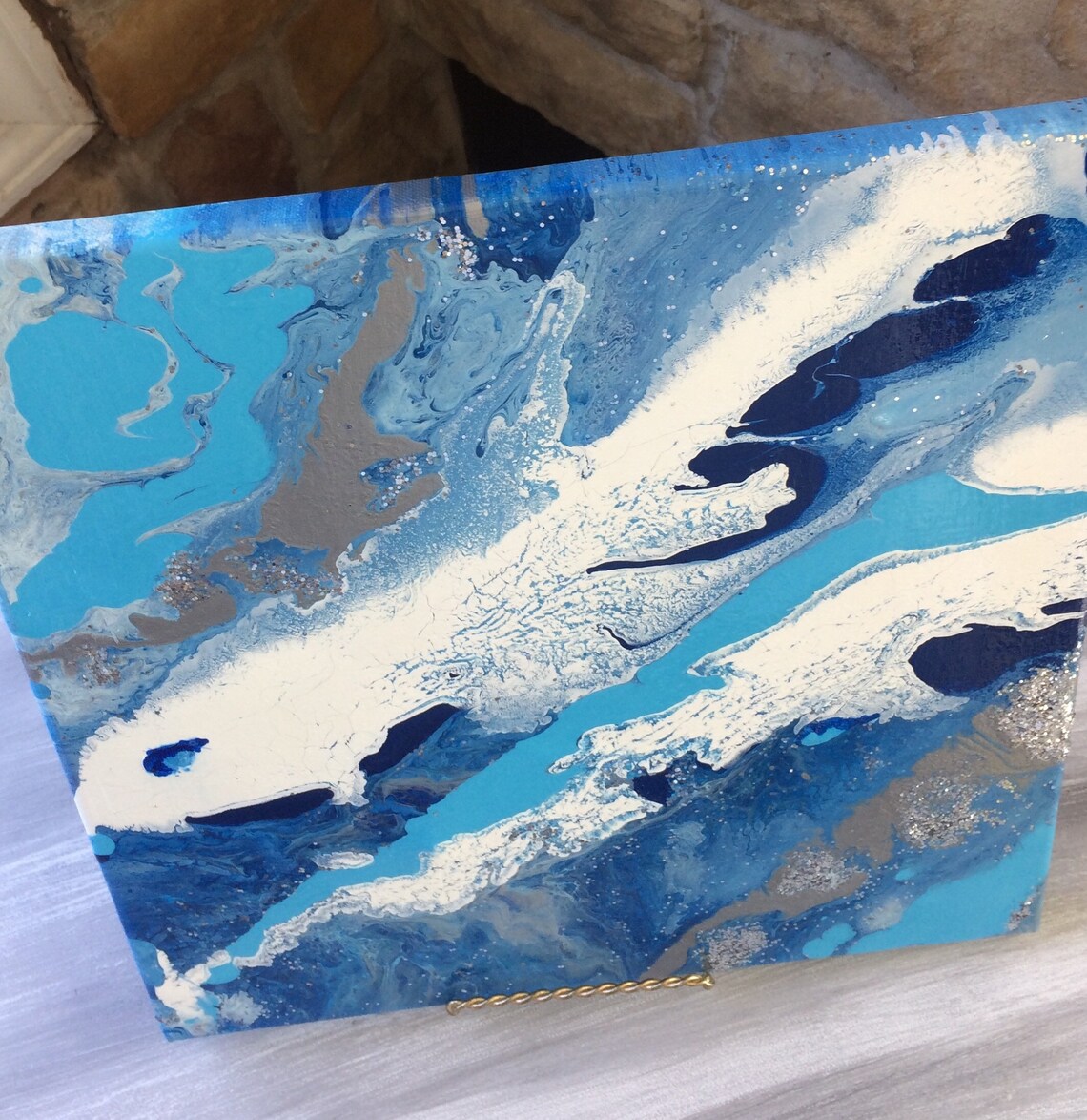 Blue Abstract Canvas Art Modern Wall Art Silver White and Etsy