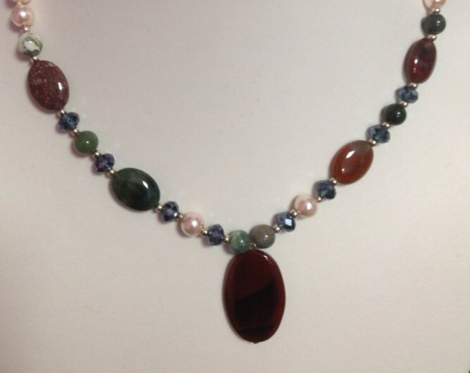 Mixed Agate Gemstone Pink Glass Pearl Beads Necklace Earring Set, Stone jewelry, Pendant necklace, agate necklace