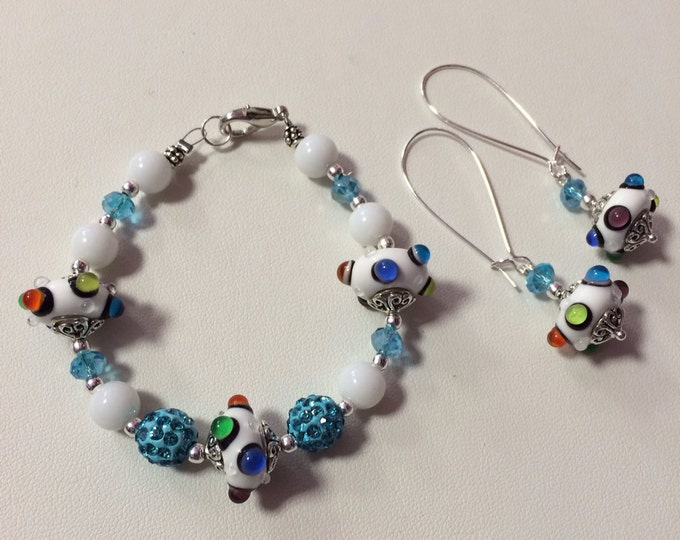 Unique Jewelry, Multi Color Lampwork Beaded Crystal Bracelet Earring Set, Glass Beaded Bracelet, Dangle Earrings