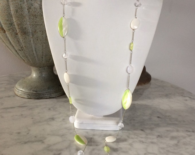 38" Mother of Pearl Shell Long Necklace & Earring Set, Green Shell necklace, Long Necklace, Summer Jewelry, Beaded Necklace