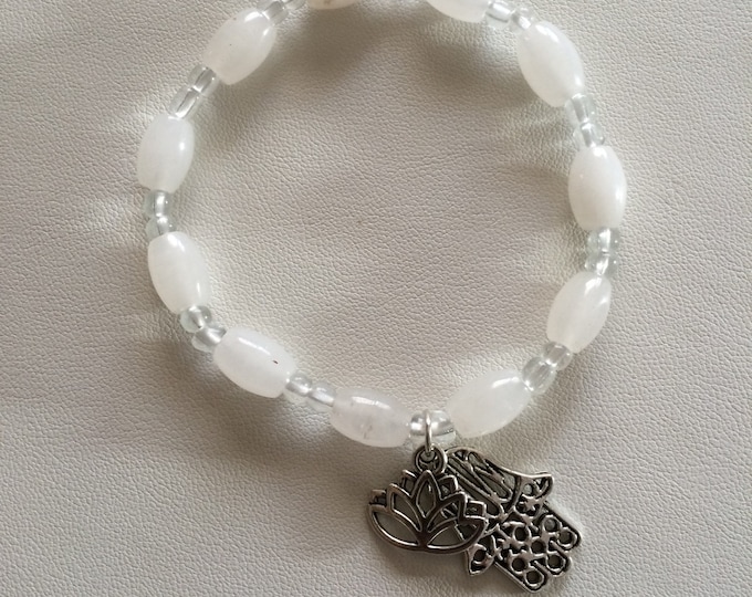 Hamsa & Lotus White Jade Crystal Gemstone Bracelet, Hand of Fatima Bracelet; luck stone, Reiki, Hamsa jewelry, yoga jewelry, Namaste jewelry