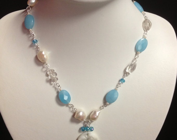 Mermaid Necklace, Mermaid Jade Pendant, Faceted Blue Jade Gemstone CFWP & Crystal Beads Necklace Earring Set; mermaid jewelry, beach jewelry